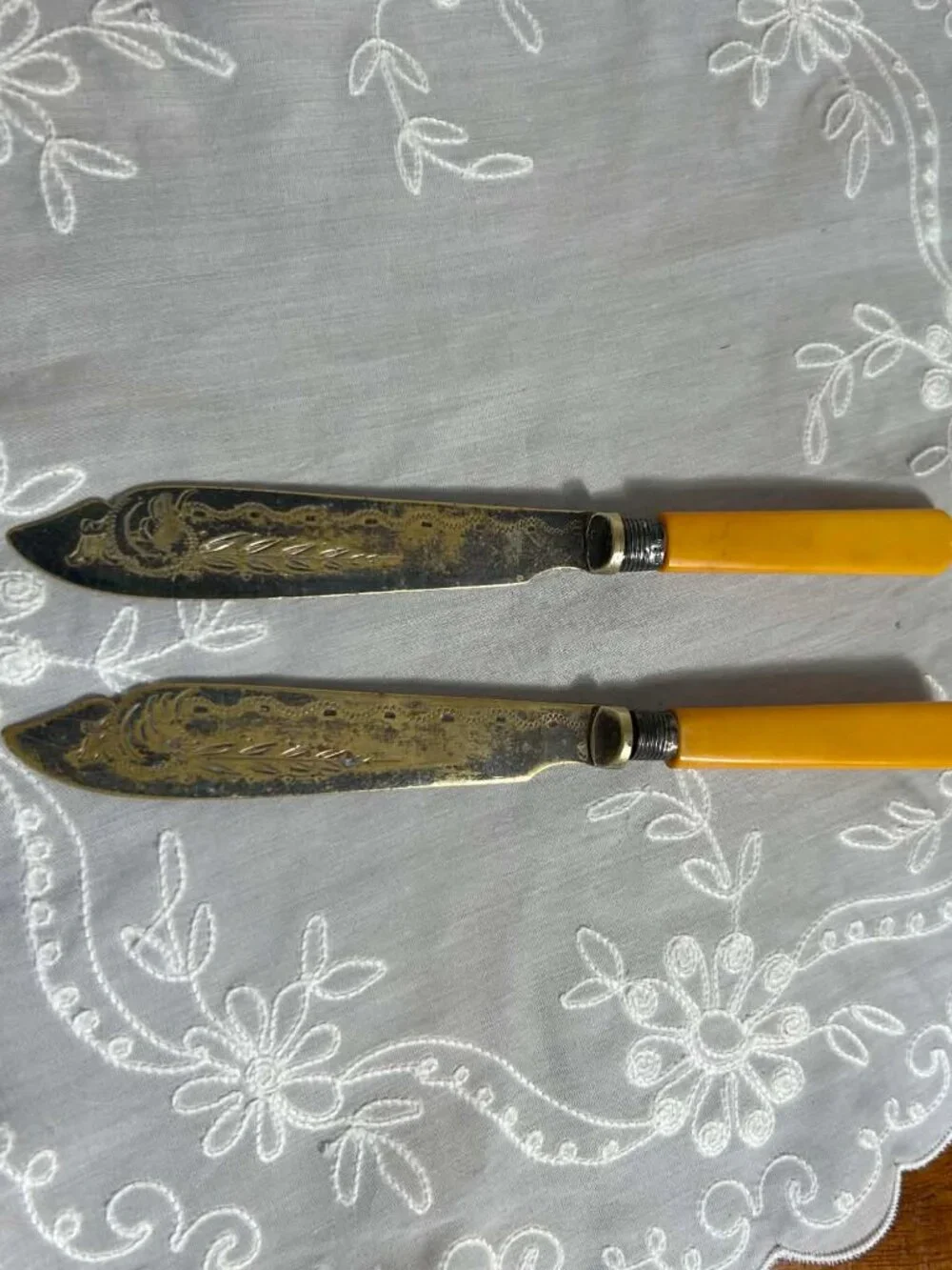 Pair of Antique Victorian Silver-Plated Engraved Fish Knives